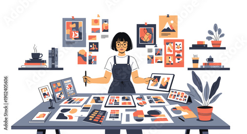 Creative artist working on digital and printed design projects in a modern studio.