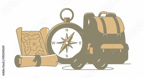 Vintage style illustration of travel essentials including compass map and backpack.