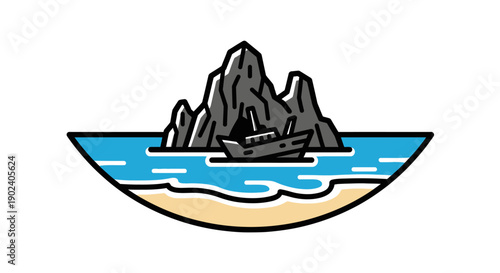 Minimalist cartoon illustration of a shipwrecked boat near a rocky island.