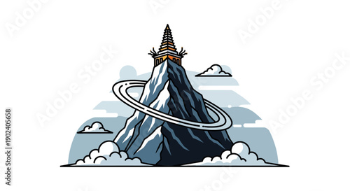 Spiritual mountain temple pagoda with ring and clouds