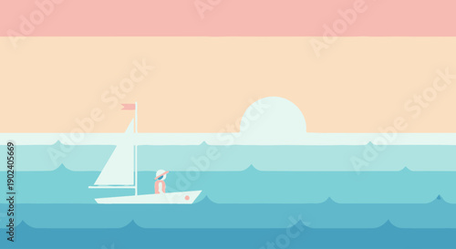 Minimalist illustration of a person sailing on a calm sea during sunset.