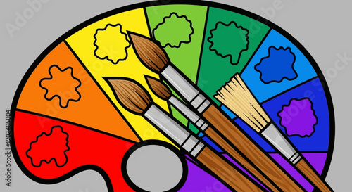 Artist's palette with vibrant rainbow colors and paint brushes.