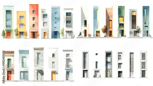 Front view apartment building facade illustrations with doors windows and balconies. Urban residential architecture designs suitable for city planning real estate and background graphics.