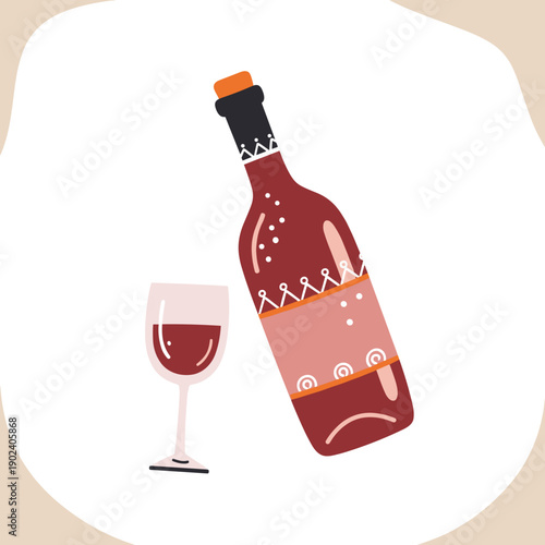 Wine bottle and glass illustration in naive child style for wine labels and event invitations