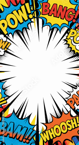 Vibrant comic book pop art background with sound effects and an explosion frame.