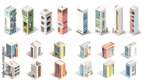 Isometric tall apartment building illustrations with modern urban architecture. Residential skyscraper designs perfect for city development real estate planning and infographic visuals.