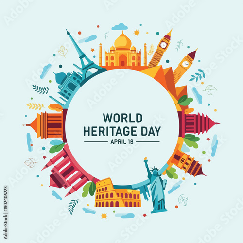 A colorful circular illustration with world landmarks celebrating heritage