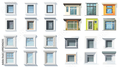 Collection of window facade illustrations with various frames colors and styles. Architectural window designs suitable for residential buildings construction projects and design resources.