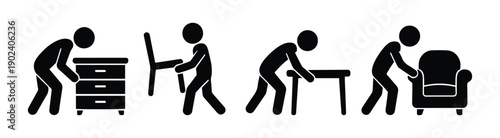 Loader carrying furniture, furniture assembler, icon, isolated character, stick people figure, stickman set