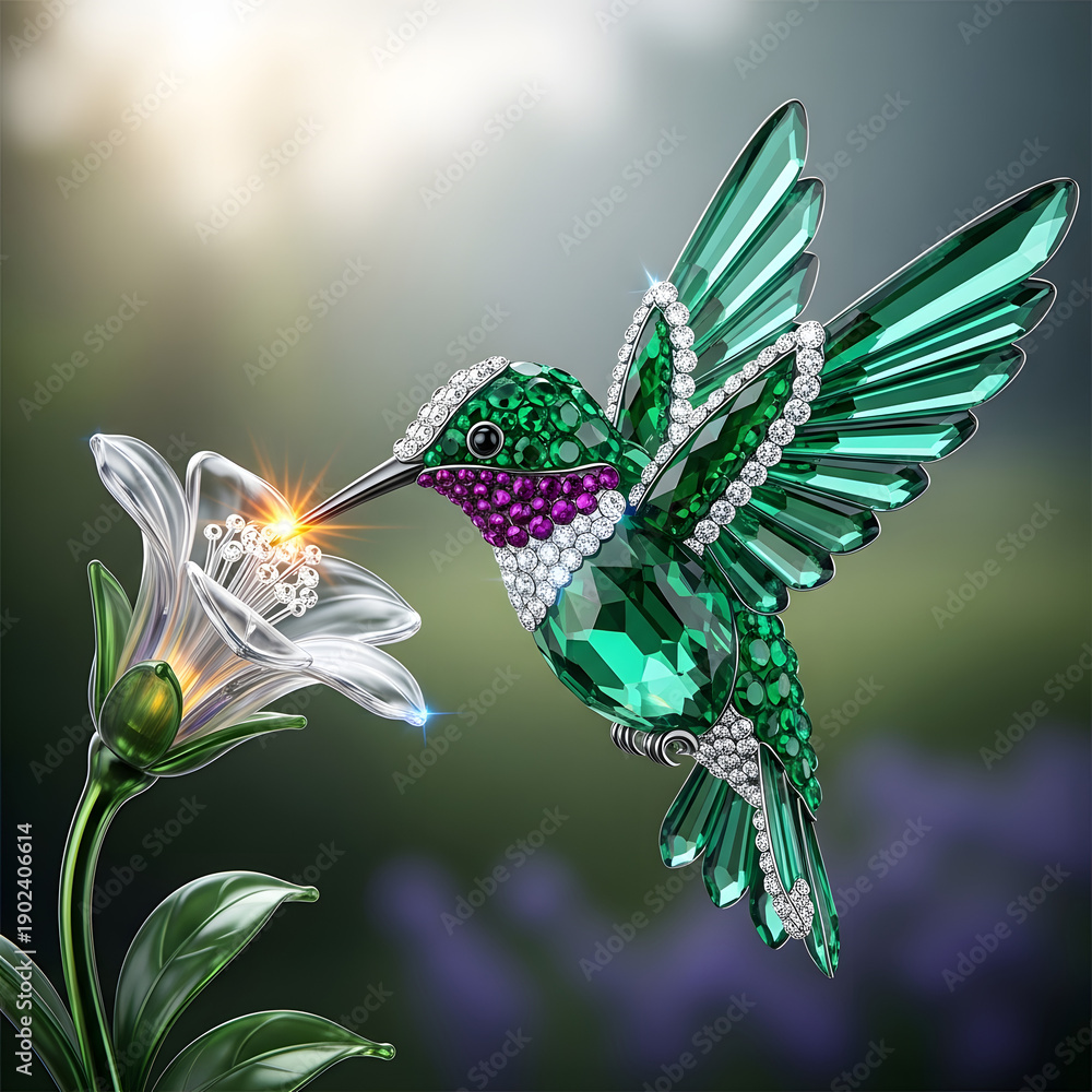 Fototapeta premium Sparkling Gemstone Hummingbird Sips Nectar from Illuminated Flower in Enchanting Garden