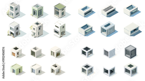 Isometric cube house illustrations showing modern modular building concepts. Minimal residential structures ideal for architecture visualization real estate planning smart housing and game design.
