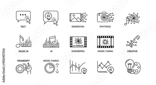 A set of vector icons illustrating various concepts related to artificial intelligence and machine learning