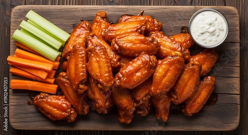 Delicious chicken wings with vegetables and dip