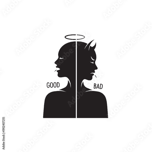 Person Split into Two Halves Silhouette – Good vs Bad, Inner Conflict, Duality Concept