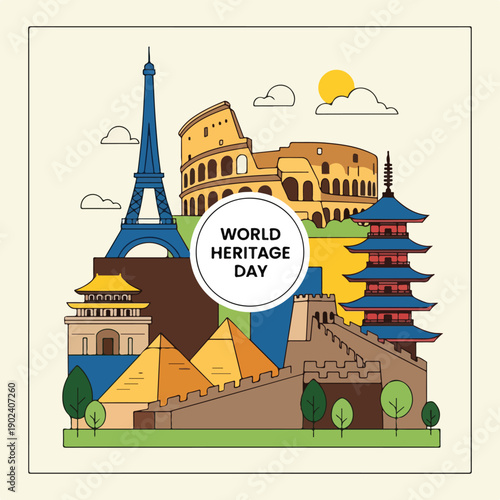 A colorful illustration showcasing world monuments like Eiffel Tower and pyramids