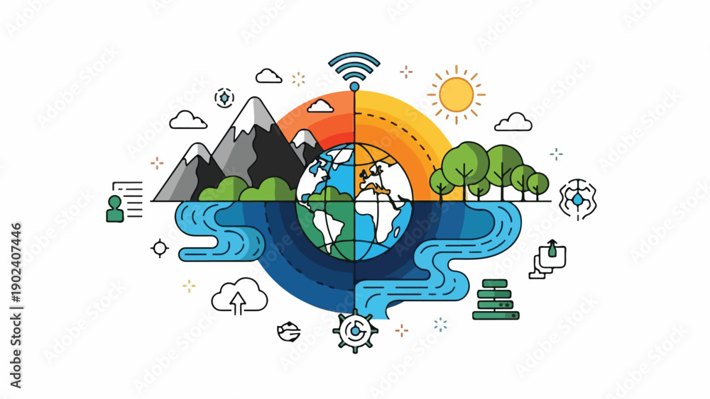 Fototapeta premium A colorful illustration showing the world with nature and technology elements