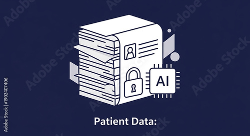 A vector graphic illustration of a secure patient data file with AI integration and lock symbol