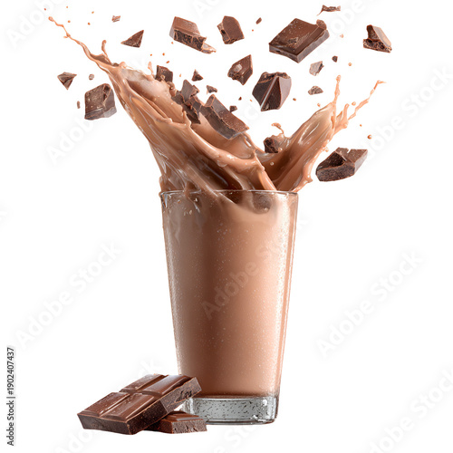 Chocolate milkshake splashing with chocolate chunks in a tall glass