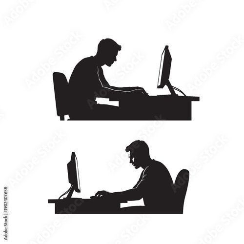 Man Working Late Night at Computer Silhouette – Freelancer, Remote Work, Digital Lifestyle Concept