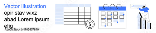 Financial planning, time management, data analysis, business strategy, scheduling, performance review. A calendar, table and person analyzing data. Financial planning and time management concept