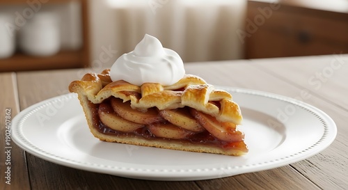 Delicious slice of homemade apple pie with whipped cream on top