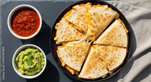 Delicious quesadilla with salsa and guacamole