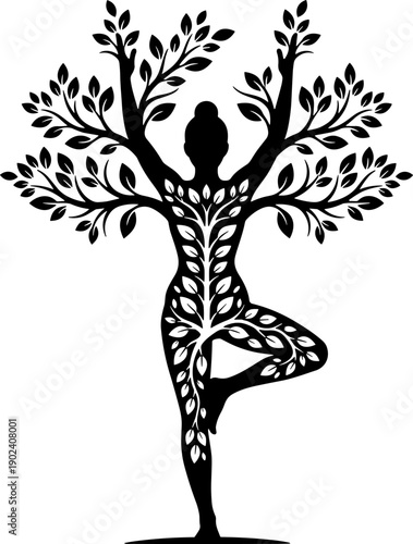 Elegant Black Vector Silhouette of a Woman in Tree Pose (Vrikshasana) Integrated with Nature | Symbolic Yoga, Wellness, and Spiritual Growth Logo Design Icon.