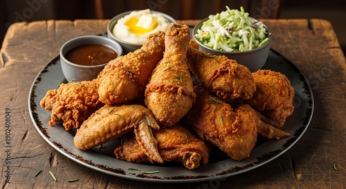 Delicious fried chicken plate with coleslaw and dipping sauce