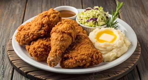 Crispy fried chicken with mashed potatoes and guacamole
