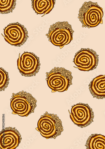 a pattern of cinnamon rolls cake with peanuts crumbs on a beige background. Food pattern