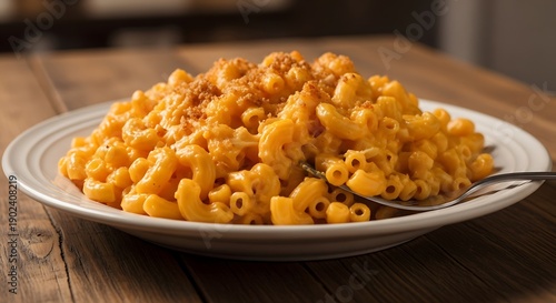 A plate of macaroni and cheese on a wooden table