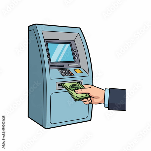 Hand withdrawing money from an ATM machine, financial transaction illustration.