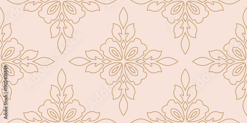 Luxury linear floral ornament. Exquisite golden seamless pattern with abstract outline flower silhouettes, foliage. Gold and pink minimal design. Geometric vector background in damask, oriental style