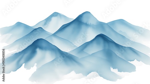 Layered blue watercolor mountains, minimalist landscape illustration, serene tranquil peaks, peaceful valley