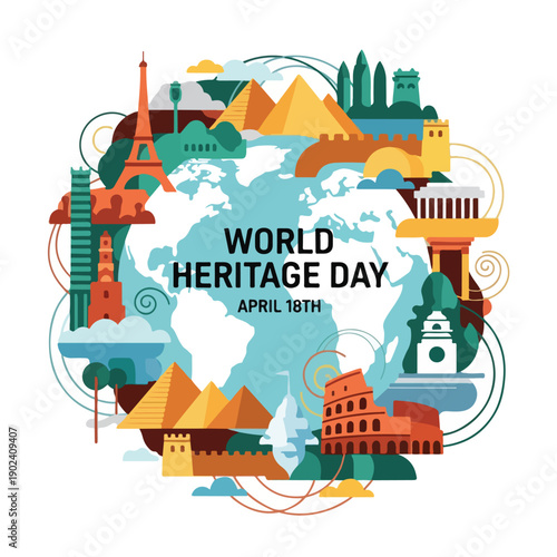 A colorful world map surrounded by famous landmarks celebrating heritage