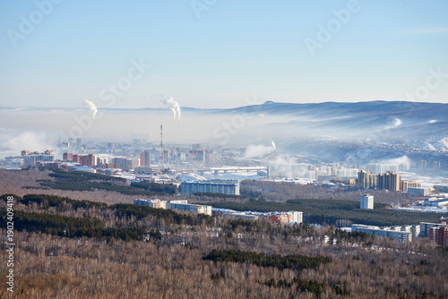 Canvastavla Winter city skyline with industrial smoke plumes over residential buildings and a bare forest
