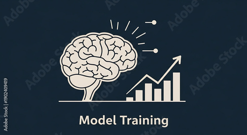 A minimalist vector graphic illustrating model training with a brain and bar chart