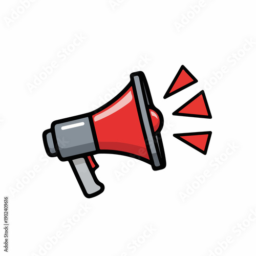 Red megaphone icon with sound waves, symbolizing announcement or alert.
