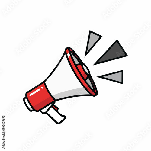 Red and white megaphone icon with sound waves, symbolizing announcement or al...