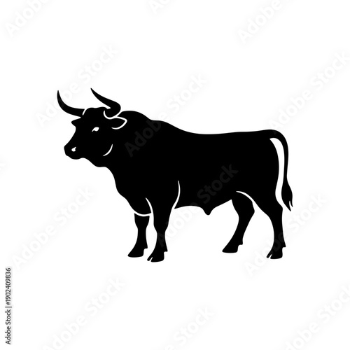 A minimalist black silhouette of a powerful standing bull. Ideal for stock market icons, ranch logos, mascots, or Taurus zodiac designs.