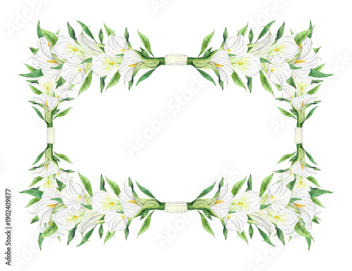 floral watercolor frame with white calla lilies and green leaves, watercolor illustration for weddings, design, invitations, postcards, and packaging