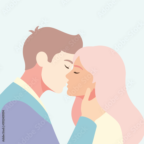 A couple, faces close, sharing a tender kiss, side profiles visible