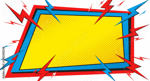 Vibrant comic pop art frame with lightning bolts. Retro banner background.