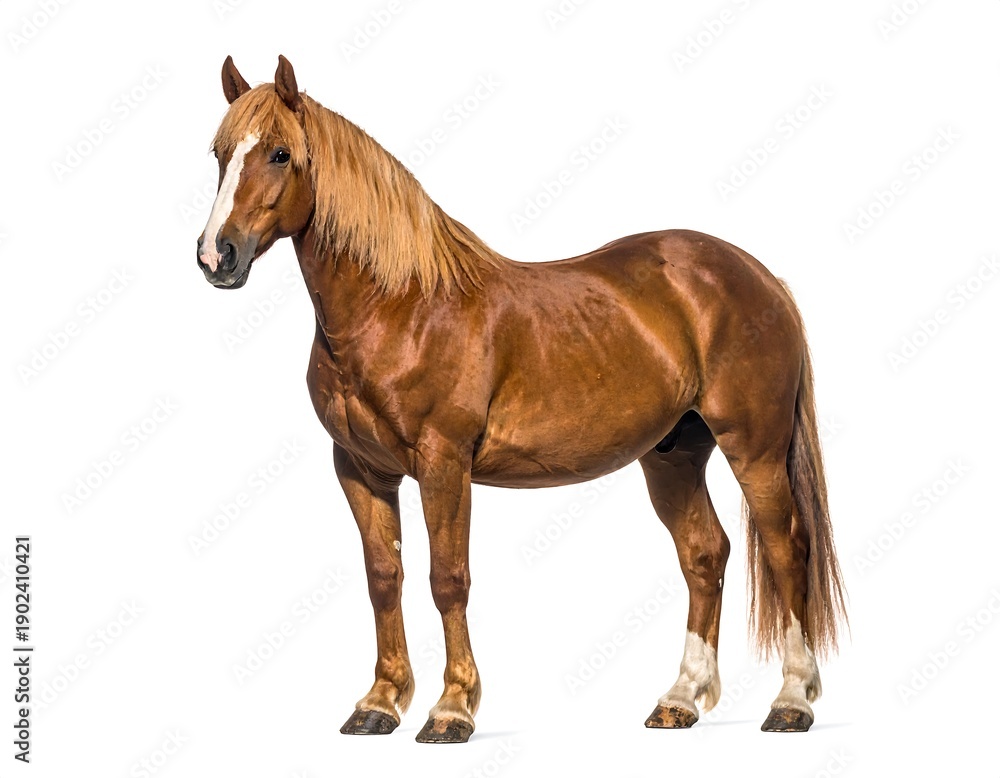 Obraz premium Chestnut horse with a white stripe down its face stands against a bright white background in a full body portrait