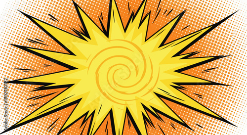 Vibrant pop art comic explosion background with halftone dots and spiral center.