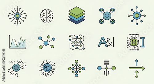 A collection of vector graphic icons representing artificial intelligence and neural network concepts in a flat, minimalist design style.