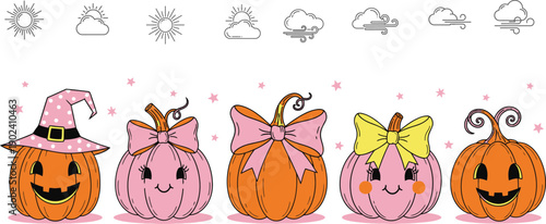 Halloween pumpkins with bows and hat smiling faces cartoon characters