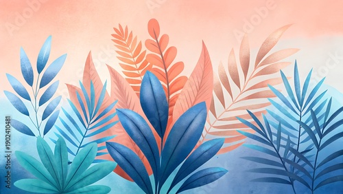 Vibrant Watercolor Tropical Leaves Background with Blue and Coral Hues