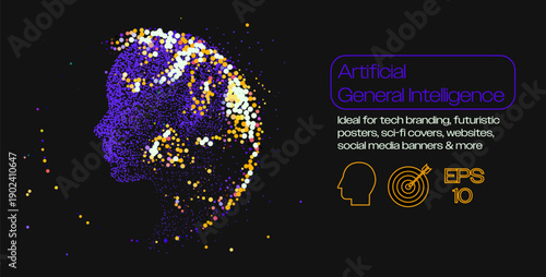 Futuristic particle silhouette of human head exploding in purple background with glowing white, orange, yellow dots forming. Conceptual vector illustration for artificial general intelligence, AGI.