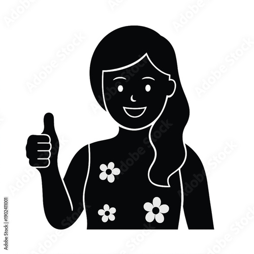 Black silhouette vector of an adult woman giving a thumbs up, symbolizing approval, agreement, and success, with a friendly expression and white floral details on her minimal top.